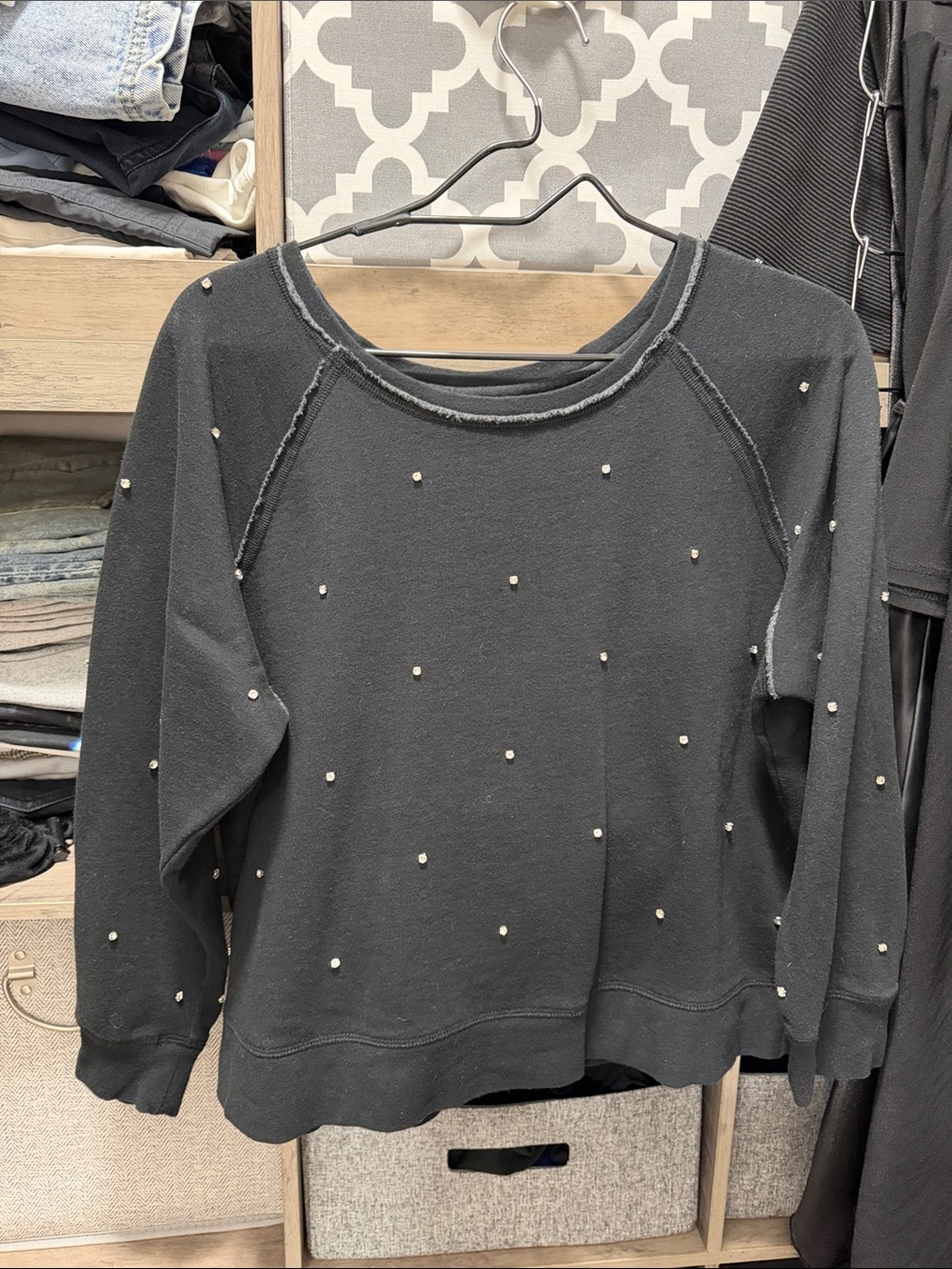Amuse Embellished Black Crewneck Sweatshirt with Gemstone Accents